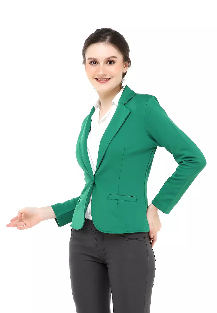 Qemsya Jas Blazer Wanita Slim Fit Plain Suit Formal Longsleeve Suit Material Scuba ORIGINAL - Green
