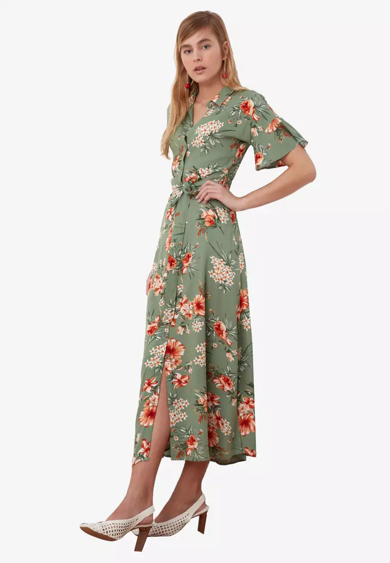 Belted Dress Patterned Shirt Dress Short Sleeve Belted Swing Shirt