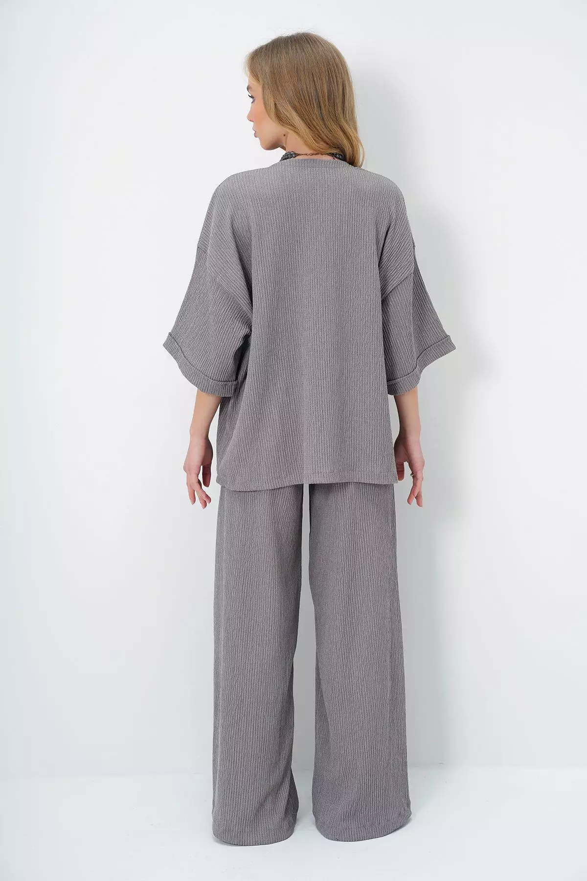 Women's Gray Double Sleeve Wrap Fabric Summer Kimono And Trouser Set