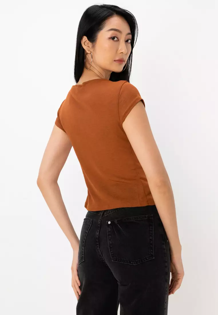 Tie Front Short Sleeve Top In Slinky Mesh