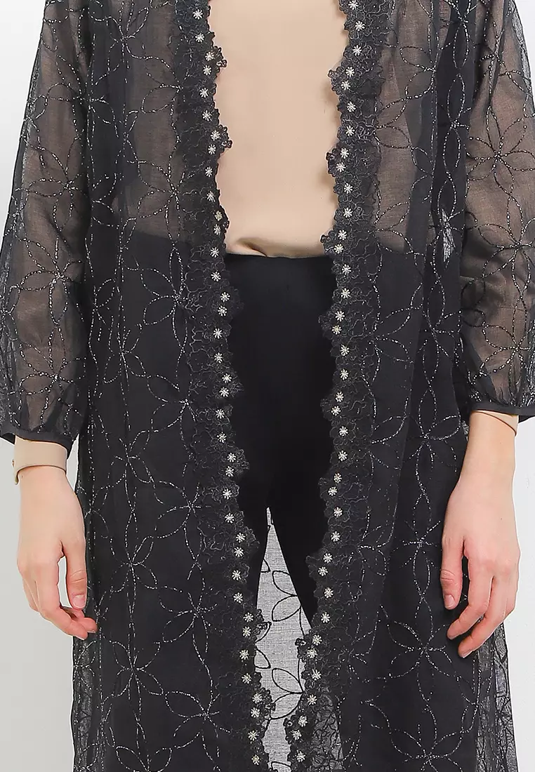 L/S Metallic Flo Emb Outer W/ Flo Lace Trim