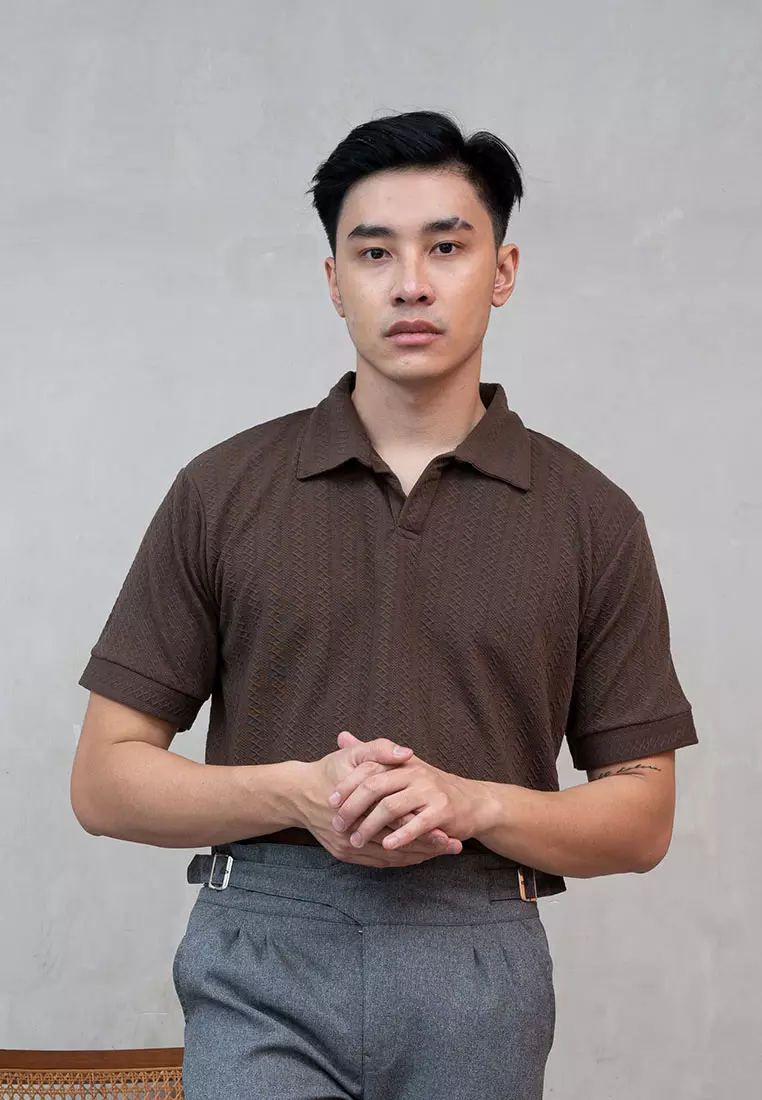 Houseofcuff Polo Shirt Rajut Stretch Lengan Pendek Pria Coklat Taupe