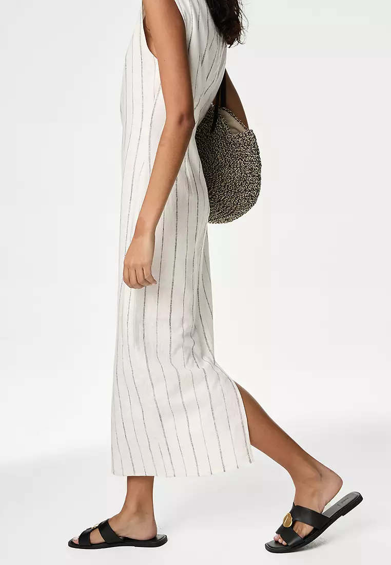 Linen Blend Striped Midaxi Bodycon Dress
