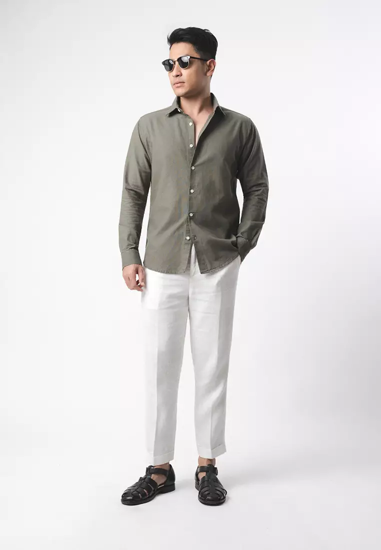 Linen Blend Slim Fit Shirt - Olive Green LS