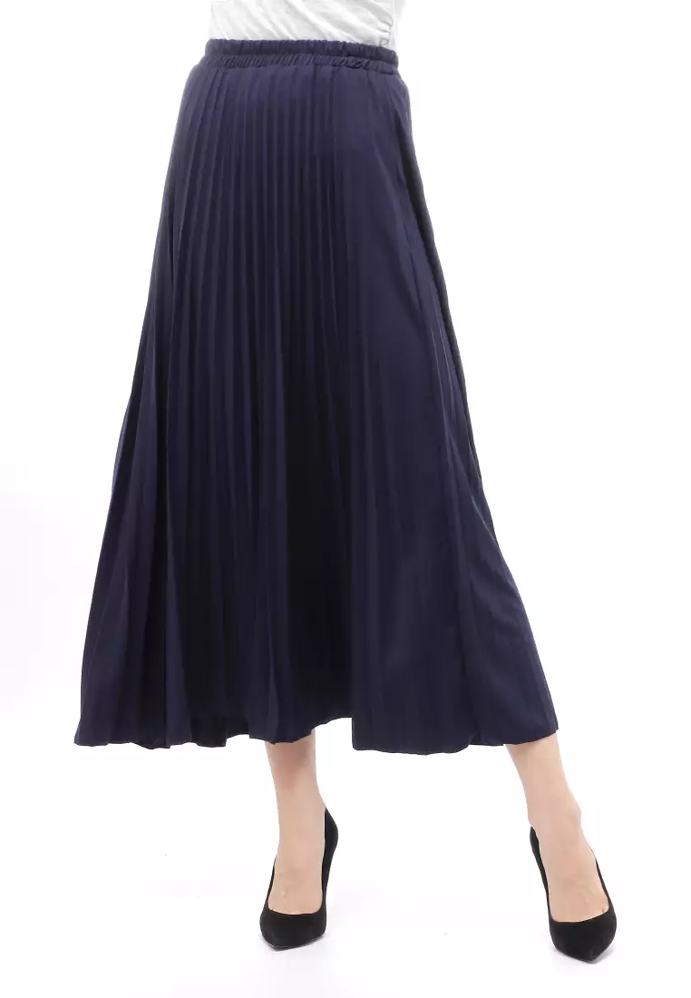 Skirt Plisket Bawahan Wanita Motif Polos Relaxed Fit - Navy