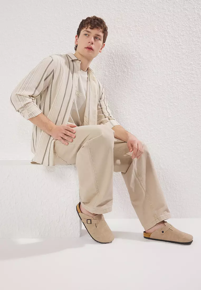 Beige Closed Front Buckle Men's Sabo Slippers Takss25Te00008