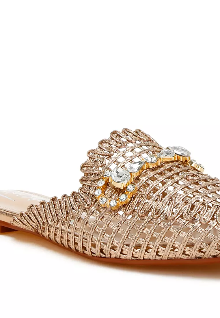 Metallic Woven Diamante Mules in Rose Gold