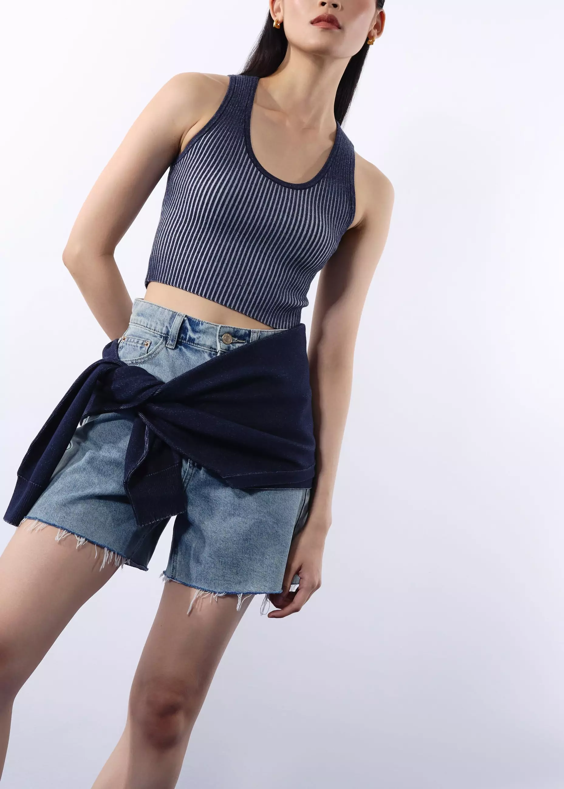 Atasan Wanita - Duo Knit Scoop Neck Crop Tank Top