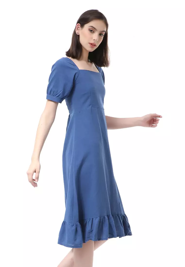 Rachel Midi Dress Rample Wanita Vintage Bottom Lengan Pendek Material Linen ORIGINAL - Navy