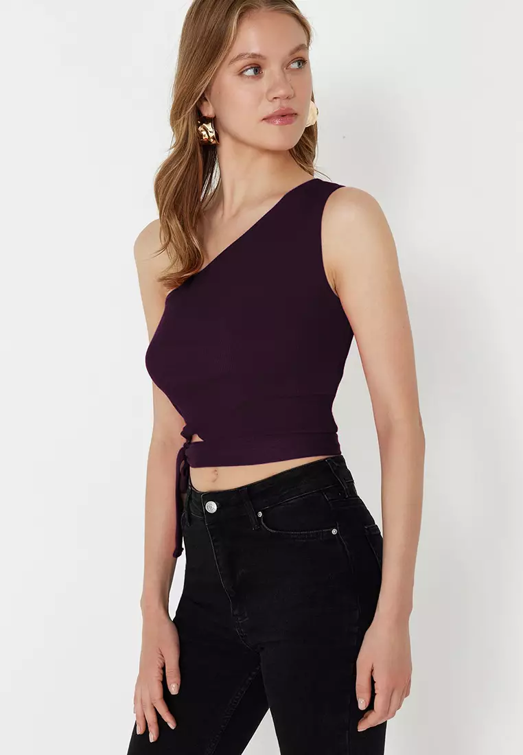 Damson Single Shoulder Fitted Tie Detail Ribbed Knitted Blouse