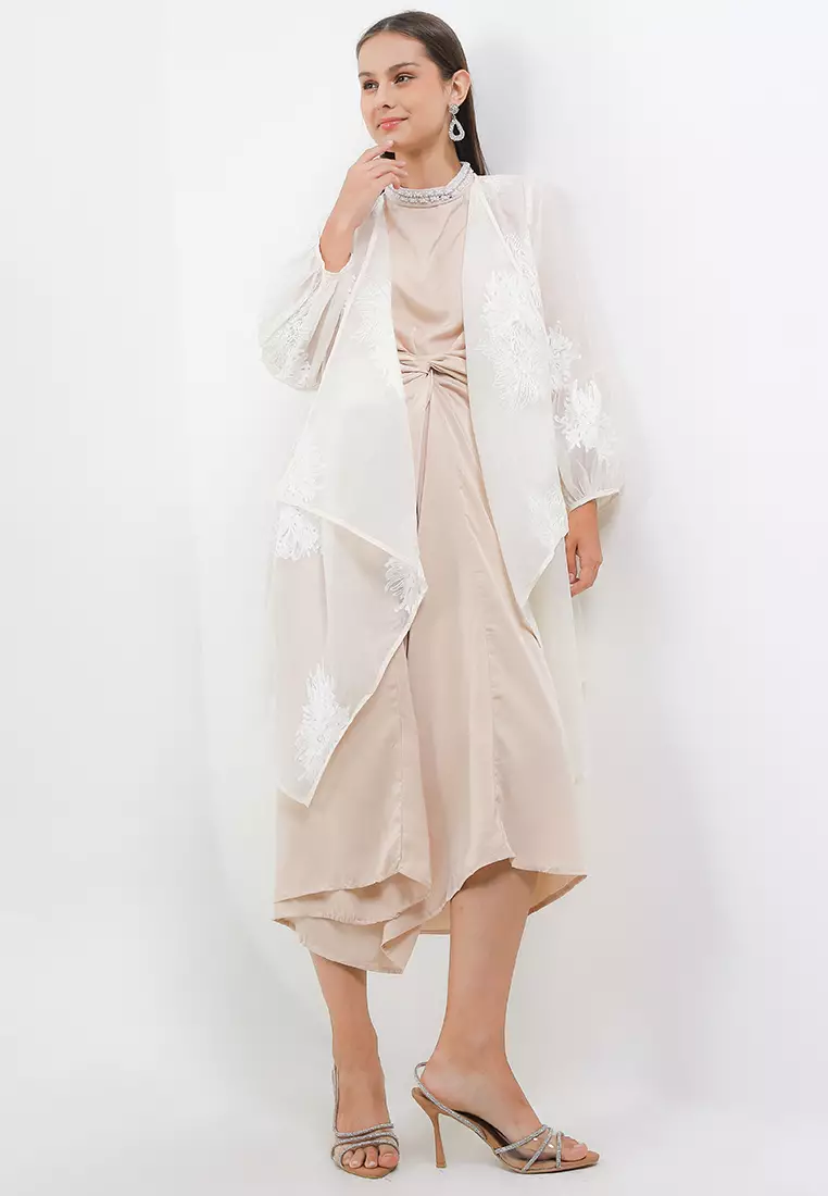 Long Lantern Sleeves Flo Emb Drap Outer W/ Embellished Tn Long Sleeve Twisted Long Dress