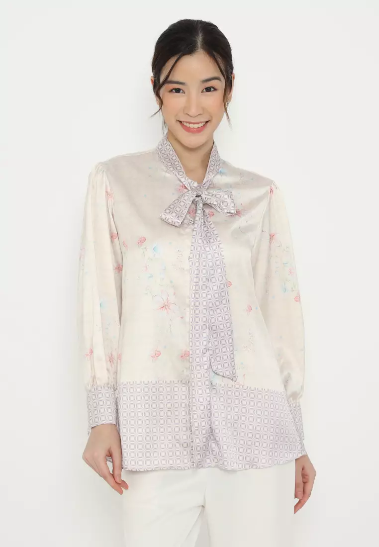 Monogram Blouse With Tape Detail Korean Look In Cream By Brilliant Girl Warna CREAM