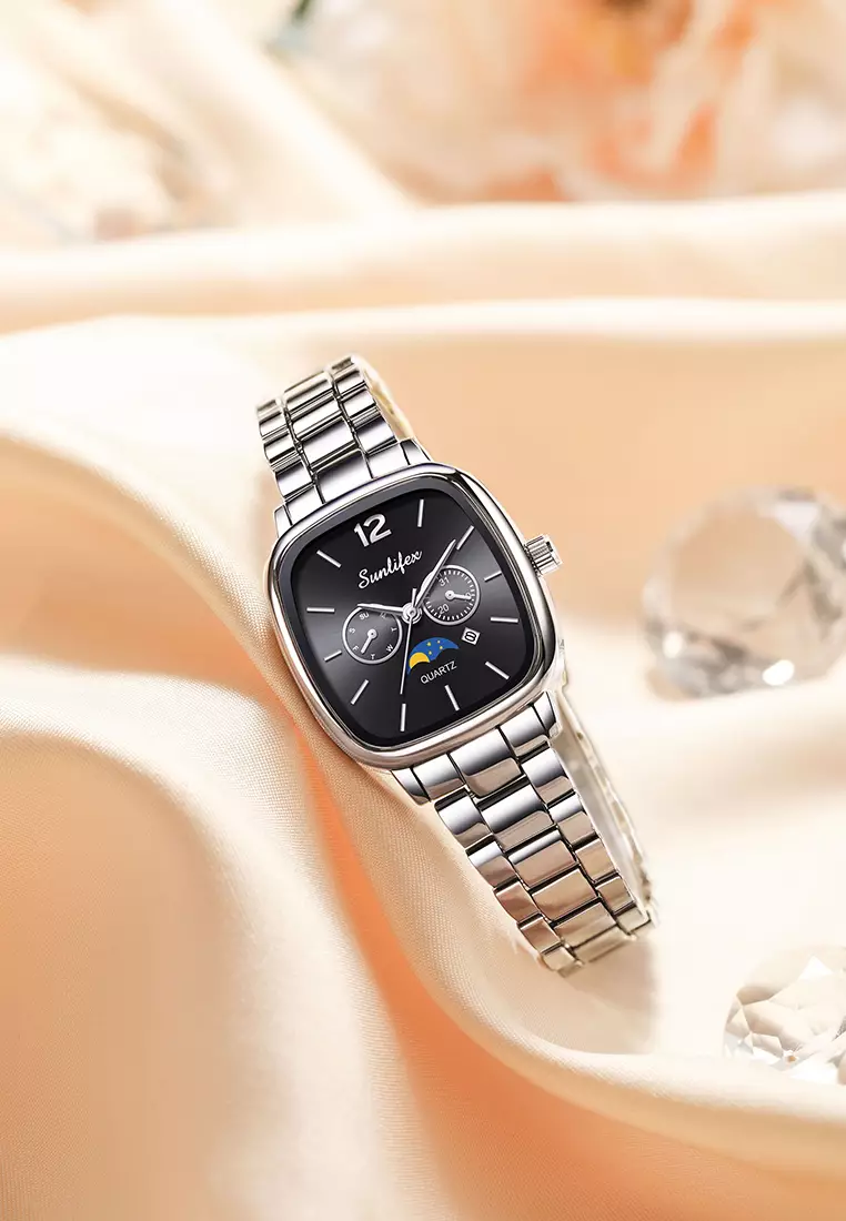 Jam Tangan Wanita Original Kalender Kasual Korean Style Tali Paduan Jam Tangan Cewek B006 silverblack