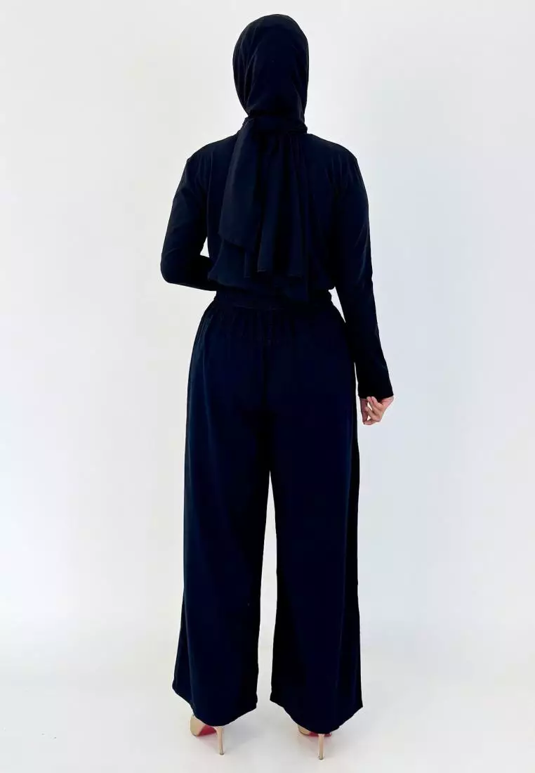 LEZAHRASIGNATURE Palazzo Emily - Celana Panjang Kulot Denim Wanita - Hitam