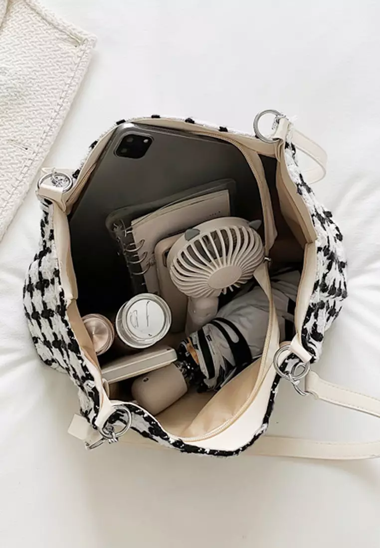 Wakakids Tas Wanita Bahu Shoulder Bag Tote Bag Bahan Kain Tweed Plaid Pattern Venrc Putih