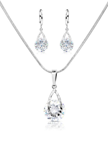 SO SEOUL silver Callista Teardrop with Solitaire Diamond Simulant Hoop Earrings and Necklace Set 3B95BAC07BF1A6GS_1