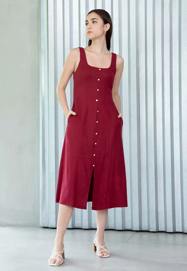 Red button front outlet midi dress