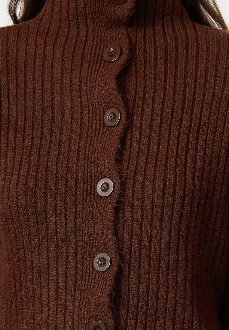 Brown Crop Soft Textured Stand Collar Knitwear Cardigan