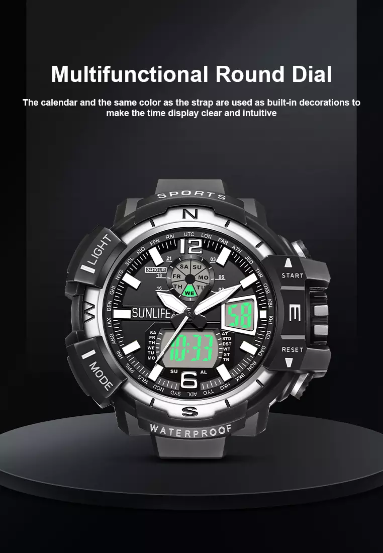 Jam Tangan Pria Digital&Analog Olahraga Bercahaya Multifungsi Alarm Jam Tangan Cowok D007 blacksilver