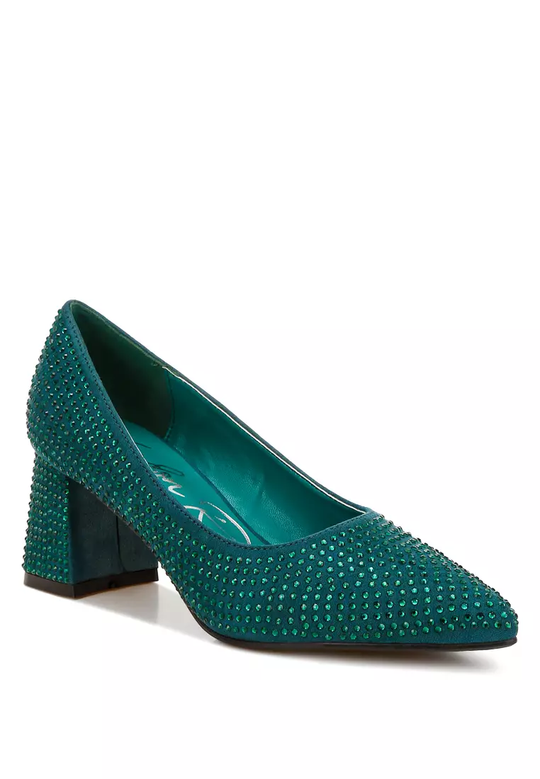 Rhinestones Embellished Pumps in Bottle Green