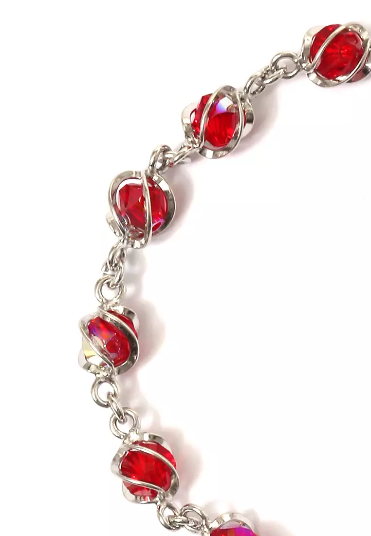 Bracelet Batu Kristal Perhiasan Aksesoris Wanita Perak - Merah