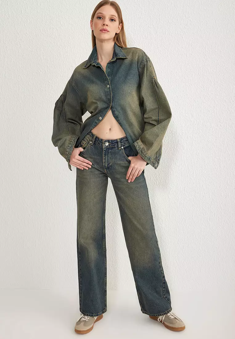 Dark Blue Vintage Wash Effect Low Waist Wide Leg Jeans