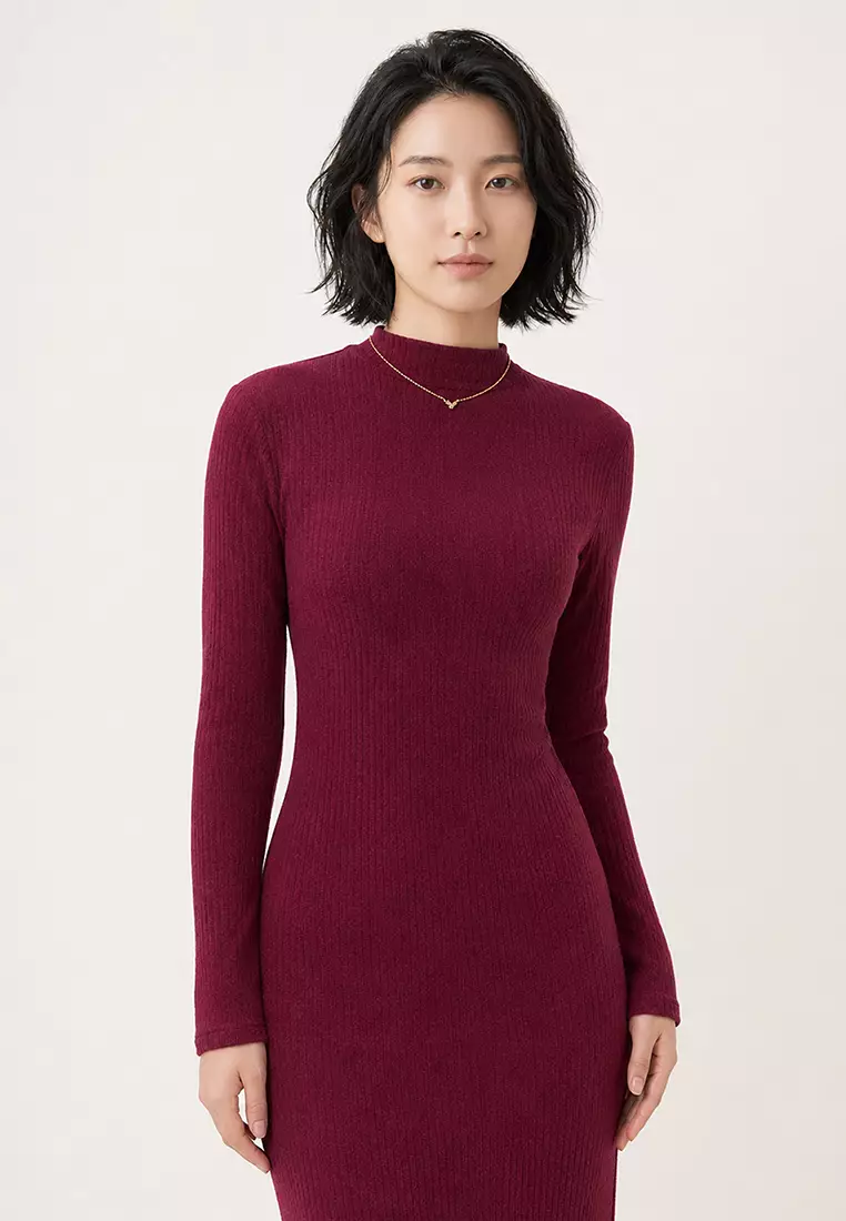 Crew Neck Long Sleeve Interlock Fabric Midi Length Dress