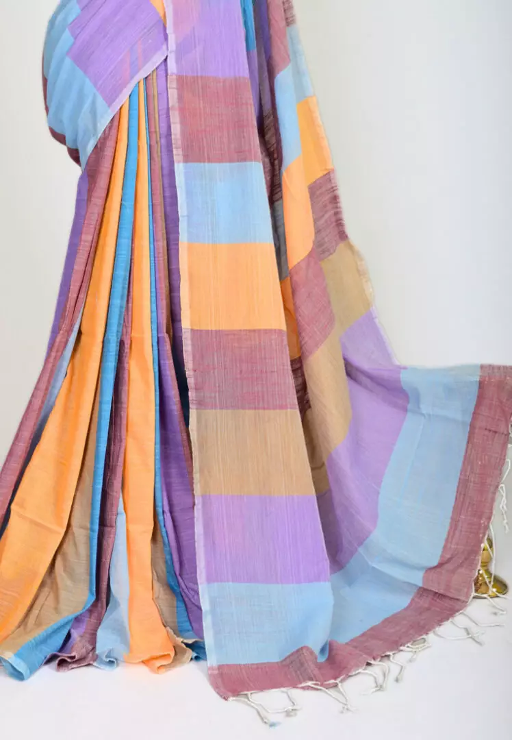 Multicolour Handspun Pure Cotton Striped Body Bengal Saree