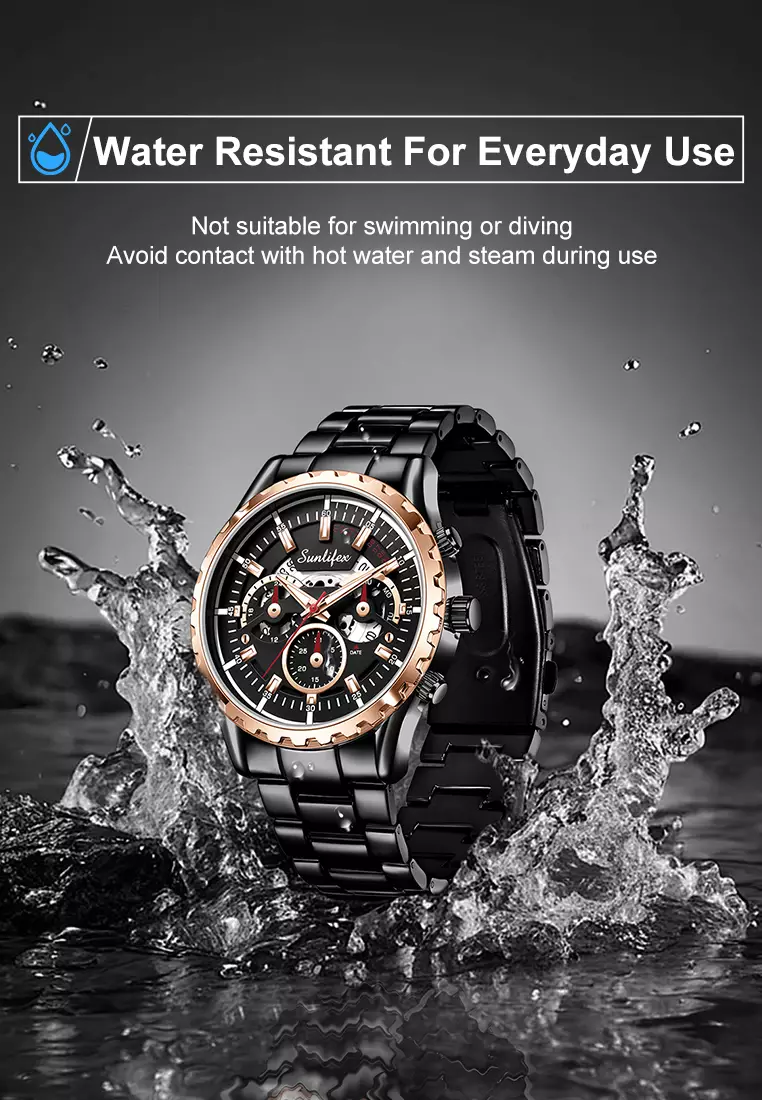 Jam Tangan Pria 8081 Kuarsa Hollow Design Kalender Tali Stainless Steel Jam Tangan Cowok blackgold