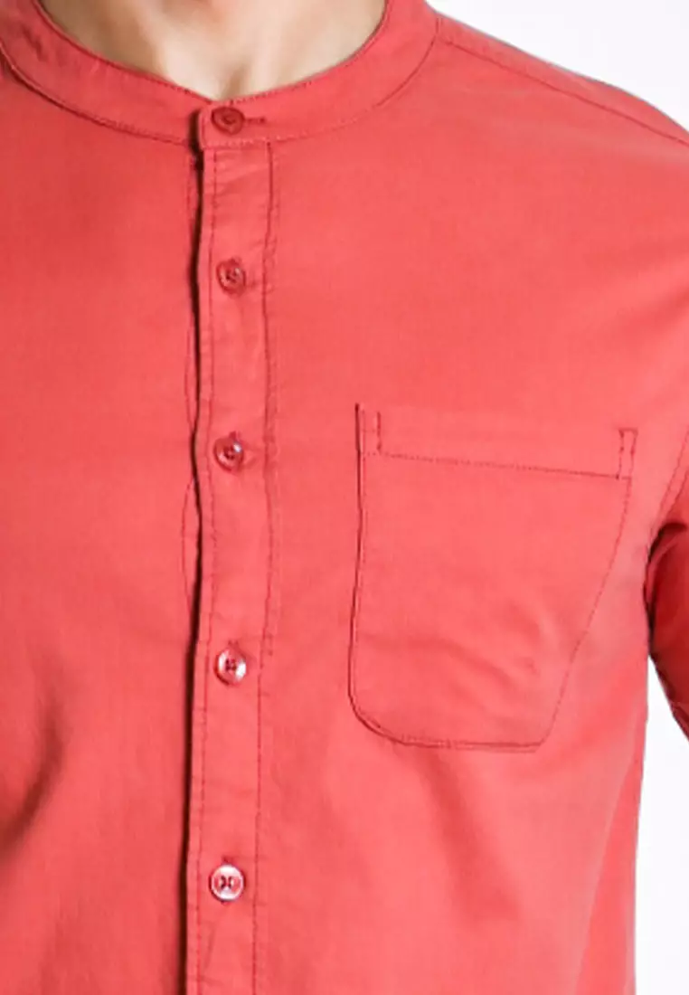 Forest Woven Mandarin Collar Short Sleeve Men Shirt | 621405-58BrickRed
