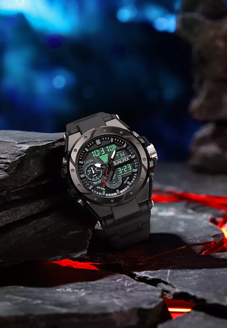 Jam Tangan Pria D009 Digital Analog Tali Rubber Chronograph Olahraga Jam Tangan Cowok allblack