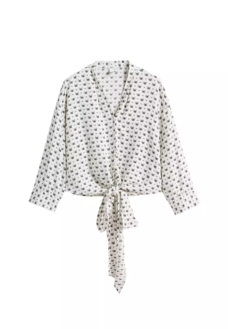 Allover Ribbon Design Crop Top with Front Tie