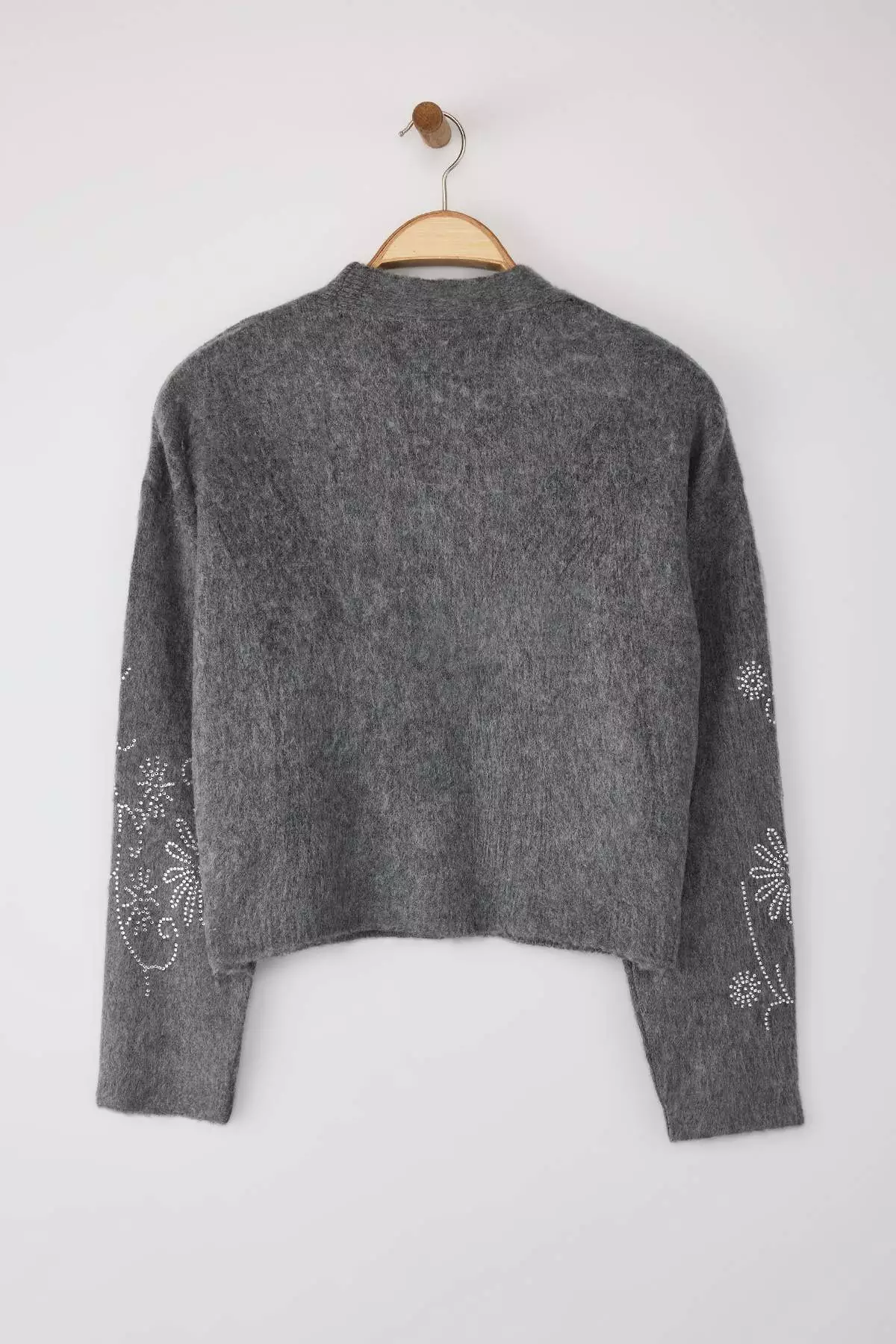 Dark Gray Soft Texture Wide Fit Stone Embroidered Knitwear Cardigan