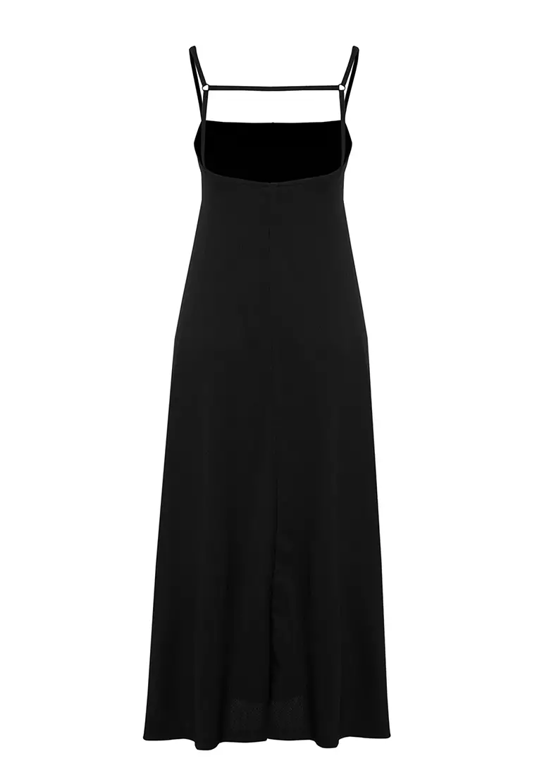 Black Adjustable Straps A-Line Crepe/Textured Knit Maxi Dress