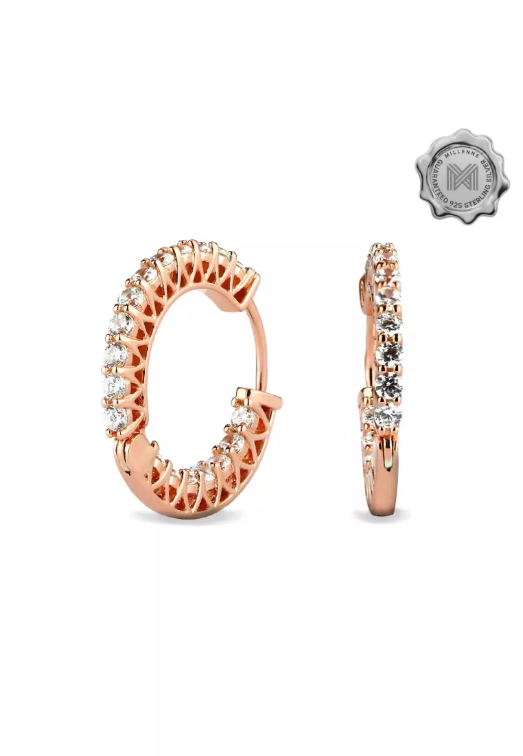 Made For The Night Flat Sun Cubic Zirconia Rose Gold Hoop Earrings with 925 Sterling Silver