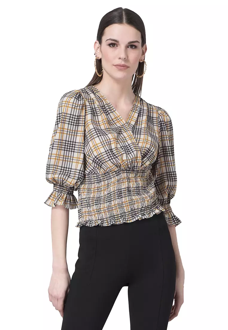 Buy FabAlley Black Mustard Check Smocked Top 2023 Online | ZALORA