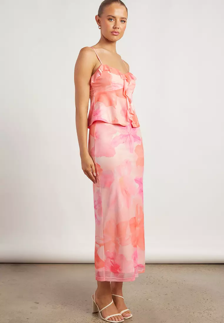 Tropical Floral Print Front Slit Mesh Top & Skirt Set