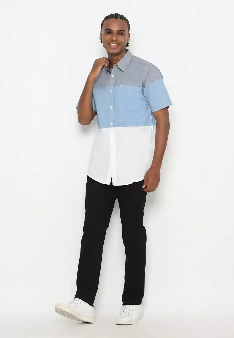 RBJ Kemeja Salur Kombi Biru Putih Regular Fit Pria