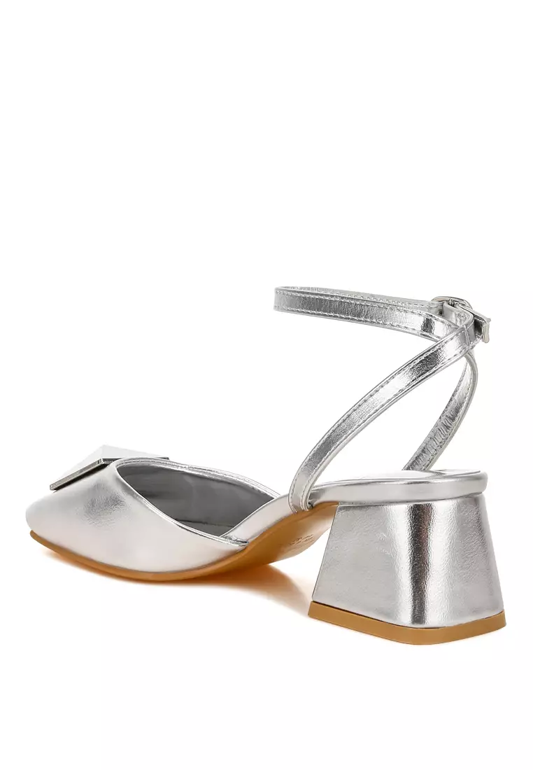 Brooch Detail Ankle Strap Sandals in Silver