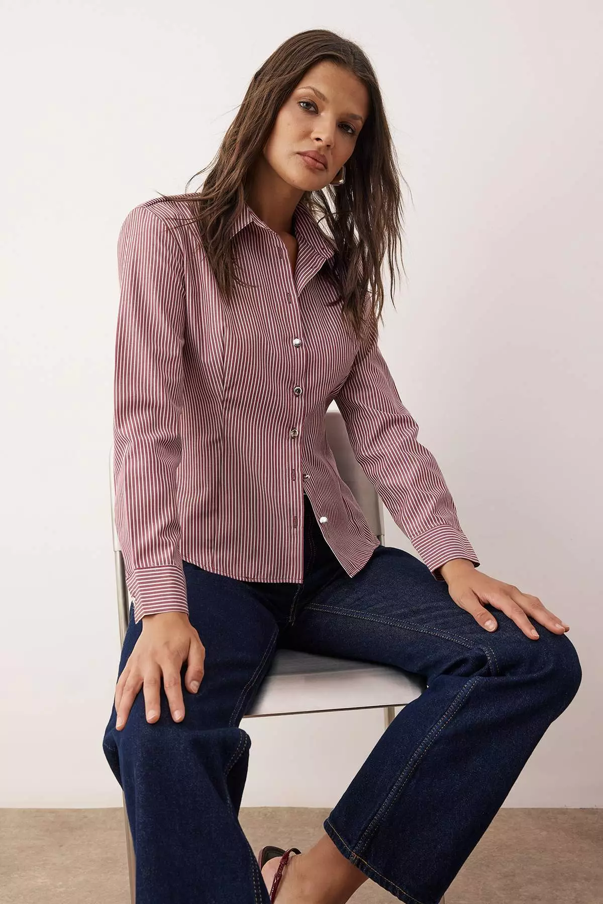 Burgundy Multi-Colored Striped Silver Button Detailed Waist Fitted Padded Shirt Twoaw26Go64
