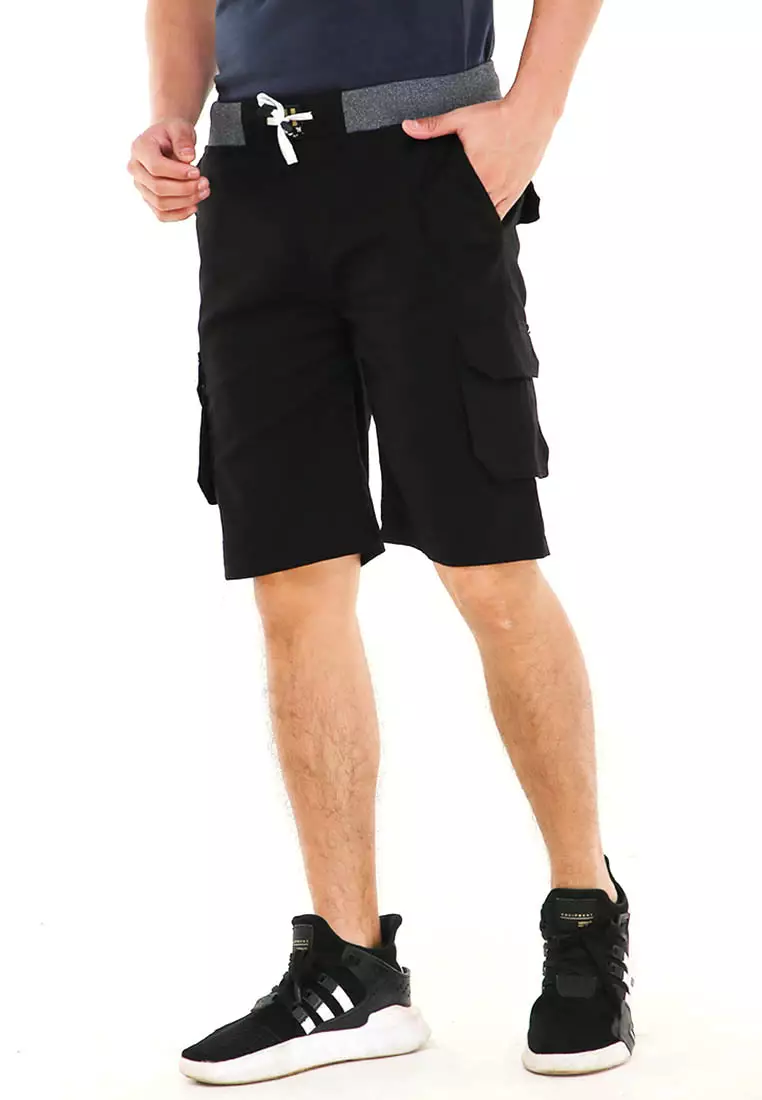 Rishham Celana Pendek Cargo Pria Button Pockets Sporty Short Pants Material Cotton ORIGINAL - Black