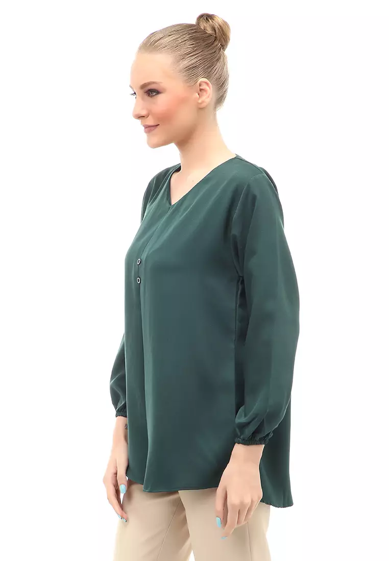 Mitzi Blouse Wanita Kerah V-neck Motif Solid Aksen Kancing Design Casual - Hijau Botol