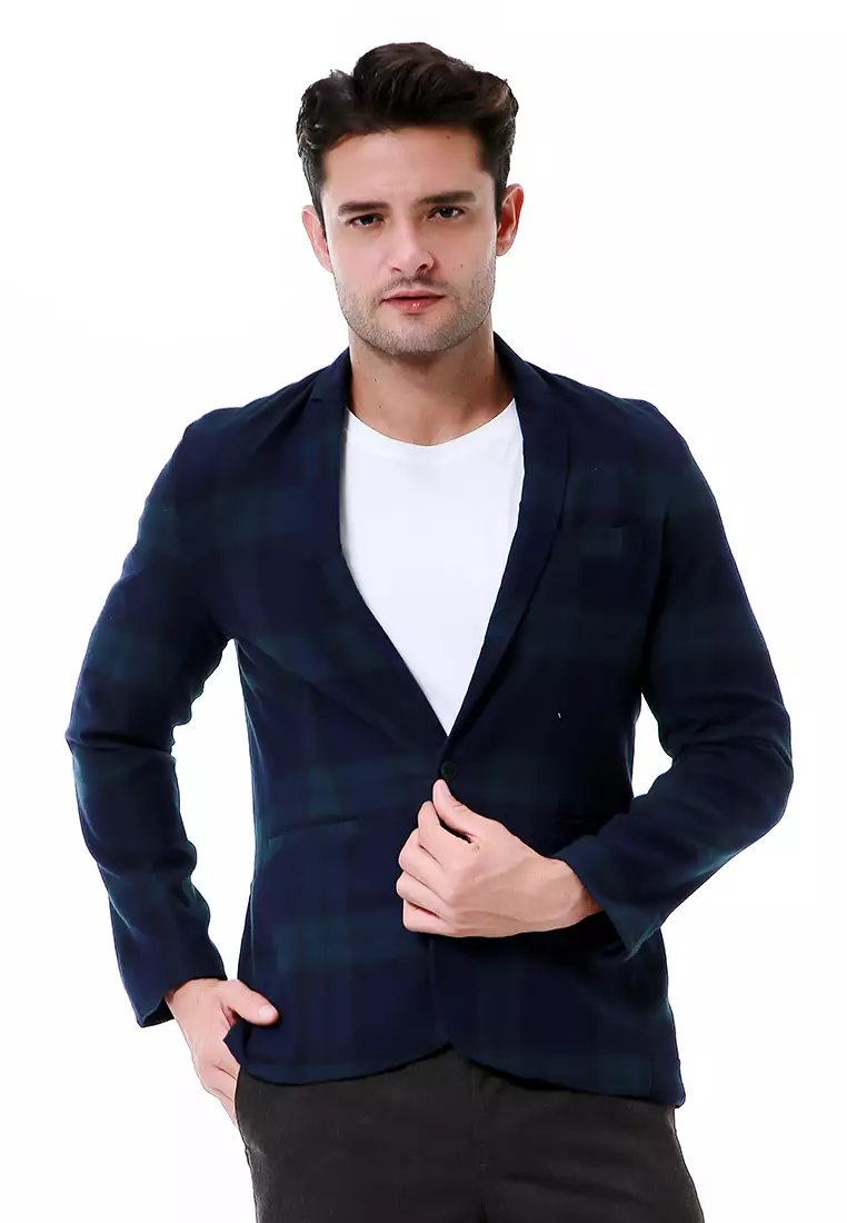 Elard Outerwear Pria Blazer Formal Lengan Panjang Plaid Motive Material Wool ORIGINAL - Green Navy