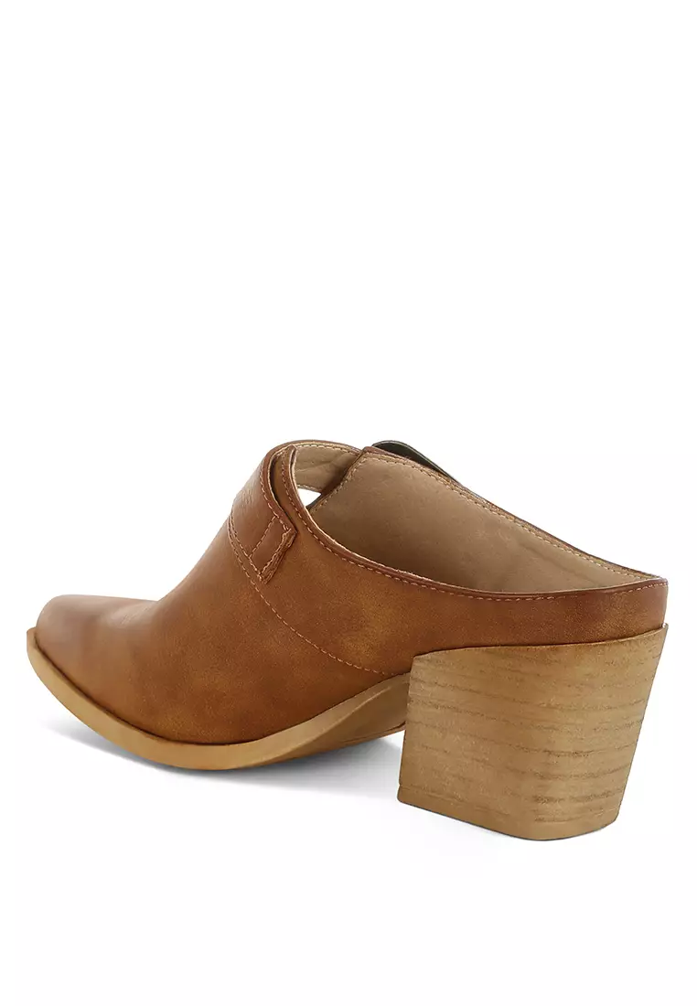 Carved Buckle Statement Mules in Tan