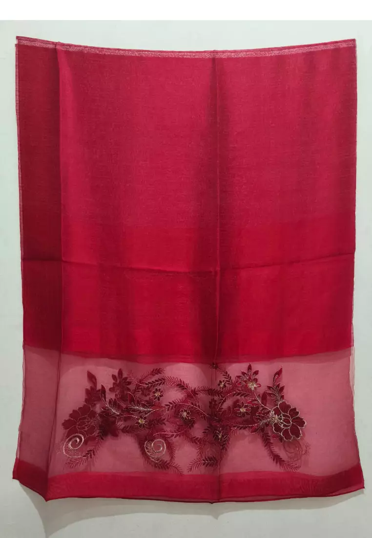 Golden Thread Embroidery Camelia Floral Silk Shawl Syal Sutra Wanita Deep Red