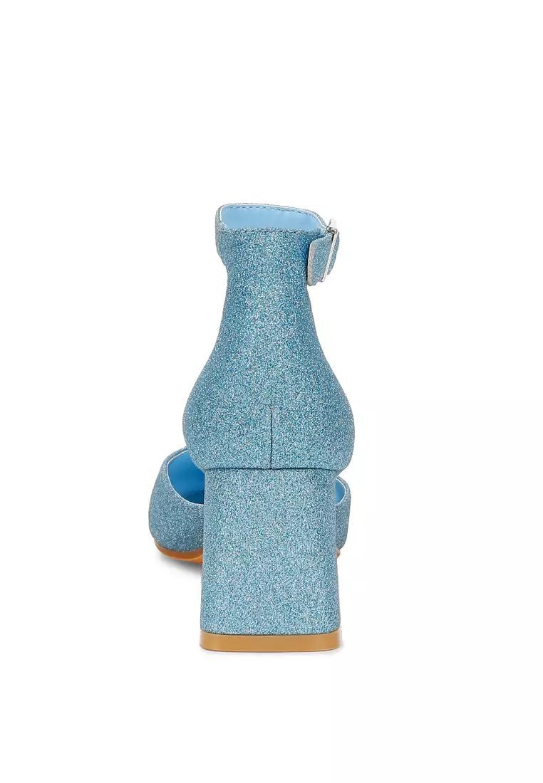 Sandal Tumit Blok Berkilau Warna Biru