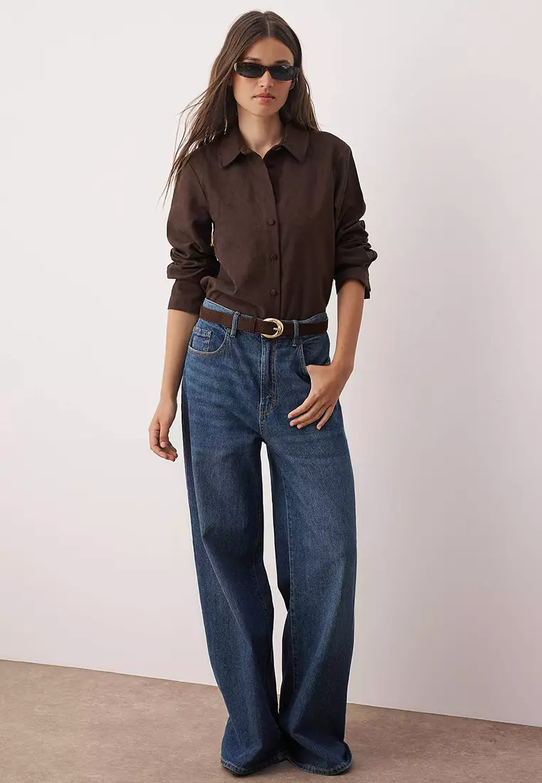 Dark Brown Regular Fit Suede Shirt Twoaw26Go00027