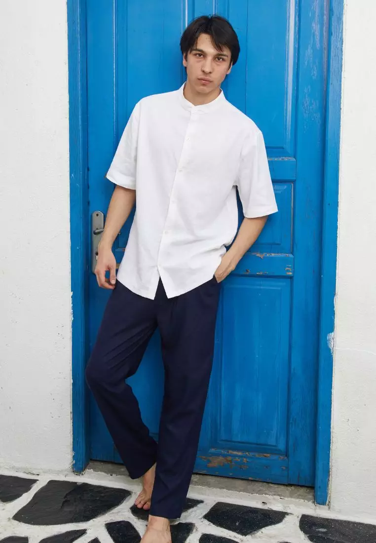 Jumeirah Kemeja Linen Muslim Pria Lengan Pendek Warna Putih | Men's White Short Sleeve Linen Shirt