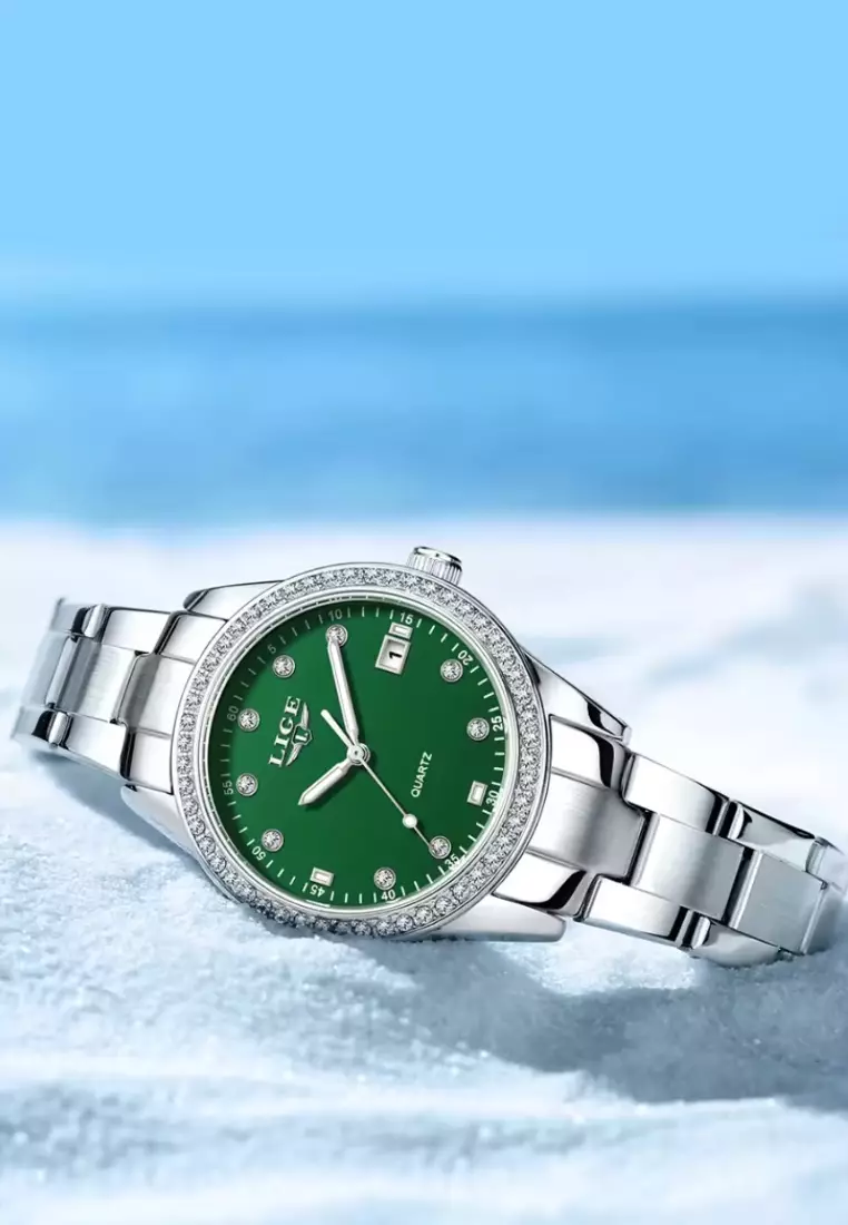 Ladies Light Weight Alloy Quartz Watch with Date, 34mm , Paved with Crystals, Turquoise Color Dial, Stainless Steel Bracelet