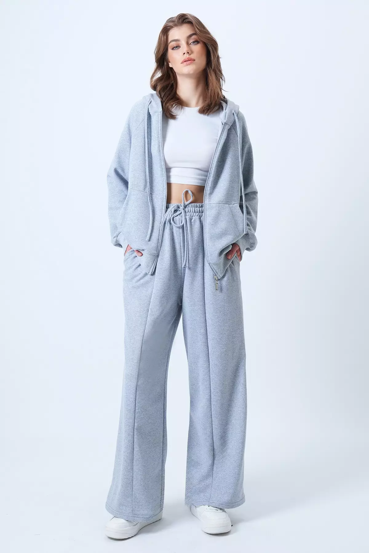 Grimelanj Hooded Zippered Jacket And High-Waisted Wide-Leg Pants Set Alc-X14606